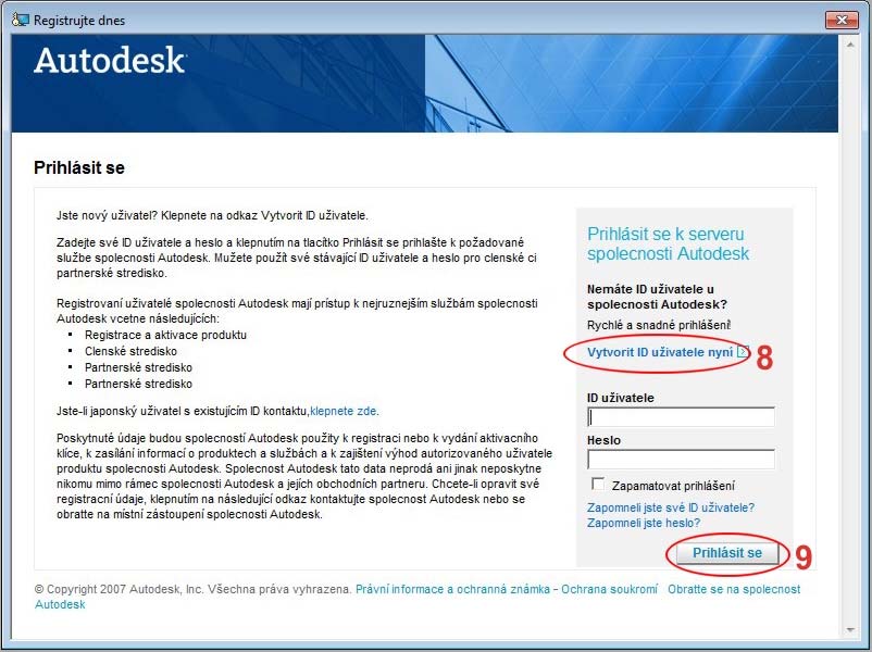 Obrázek 12 Pokud již jsme registrováni u firmy Autodesk a máme ID uživatele a heslo, pak v panelu