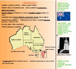 Sedmnáctý slide: Na tomto slidu jsou informace k Australskému svazu, z kolika se skládá států a teritorií, kdo je hlavou státu, úřední jazyk či informace o závislých územích.
