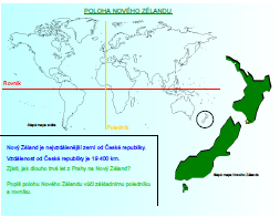 Třetí slide: Na tomto slidu je slepá mapa světa a slepá mapa Nového Zélandu, aby si žáci uvědomili polohu této země vůči rovníku a základnímu poledníku.