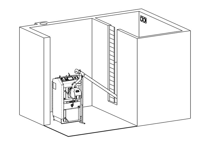 24. Kotelna s velkým vestavěným zásobníkem na pelety Kotelna se zabudovaným zásobníkem o objemu např. 5m 3, do kterého je možné uložit 3250 kg pelet.