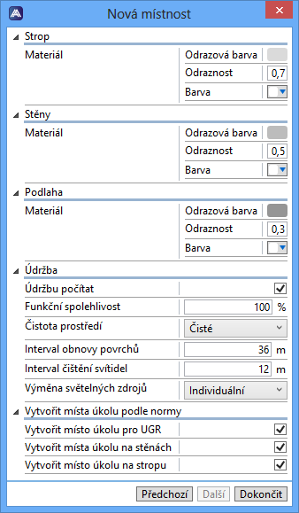 Třetí část dialogu místnosti další vlastnosti Do této části dialogu se uživatel dostane použitím tlačítka Další na první (geometrické) části dialogu.