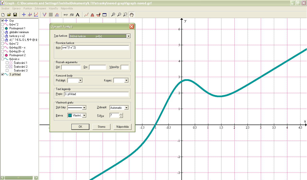 2 Konkrétní příklad Předpis křivky: f(x) = x + e (1 x2) je tedy x+e (1-x 2) Tento předpis je nutné vložit do Vložit funkci. Z Obrázku 5 je vidět, kde funkce roste a kde klesá.
