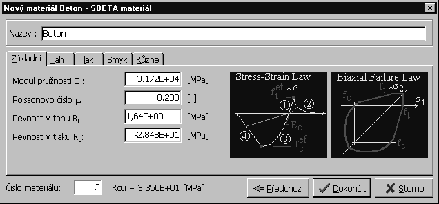 Obr. 12: Dialogové okno pro zadávání základních vlastností SBETA materiálu.