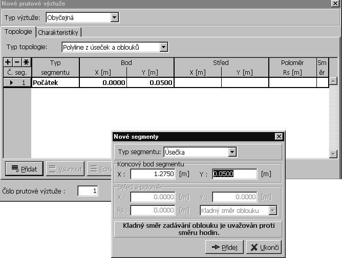 Vybereme typ segmentu Úsečka a zadáme souřadnice koncových bodů Obr.