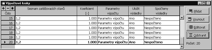 Obr. 52: Tabulka Výpočtové kroky po zadání dvaceti zatěžovacích kroků s výše zadanými parametry. Je možno přidat další zatěžovací kroky později během provádění analýzy. 3.