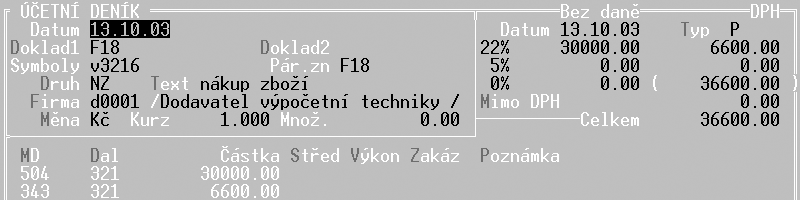 Následující obrázek obsahuje ukázku zaúètované faktury è.18 (poøadové èíslo dokladu) s variabilním symbolem 3216 (èíslo dodavatelské faktury) na èástku 36.600,- Kè s DPH.