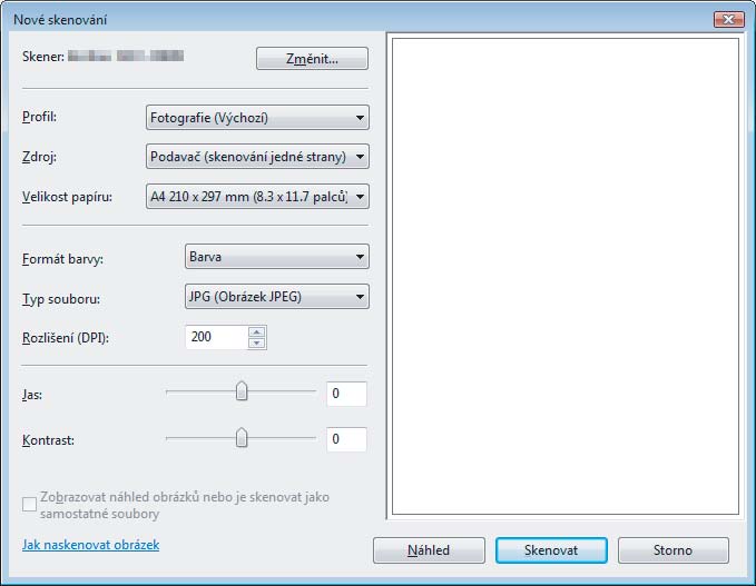 Skenování f Dle potřeby upravte v dialogovém okně Skener následující nastavení: 1 2 3 4 5 6 2 7 8 1 Profil 2 Zdroj 3 Velikost Papíru 4 Formát barvy 5 Typ souboru 6 Rozlišení 7 Jas 8 Kontrast