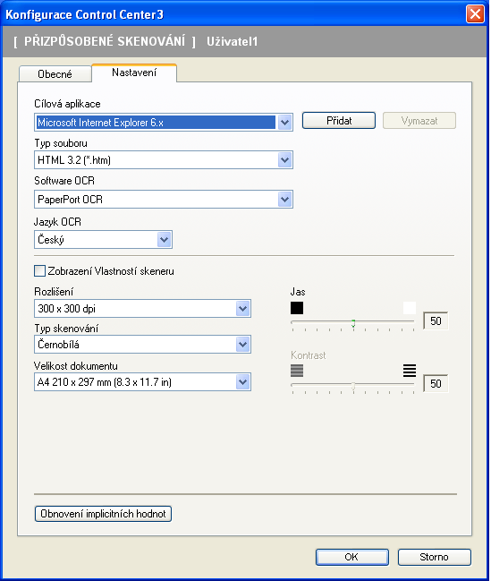 ControlCenter3 Složka Nastavení Zvolte nastavení Cílová aplikace, Typ souboru, Software OCR, Jazyk OCR, Rozlišení, Typ skenování, Velikost dokumentu, Zobrazení Vlastností skeneru, Jas a Kontrast.