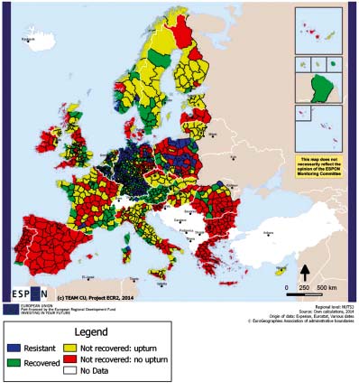 Projekt se zabývá geografií hospodářské krize na území pokrytém programem ESPON a zkoumal, proč jsou některé regiony odolnější vůči hospodářskému poklesu než ostatní, nebo proč jsou schopny mnohem