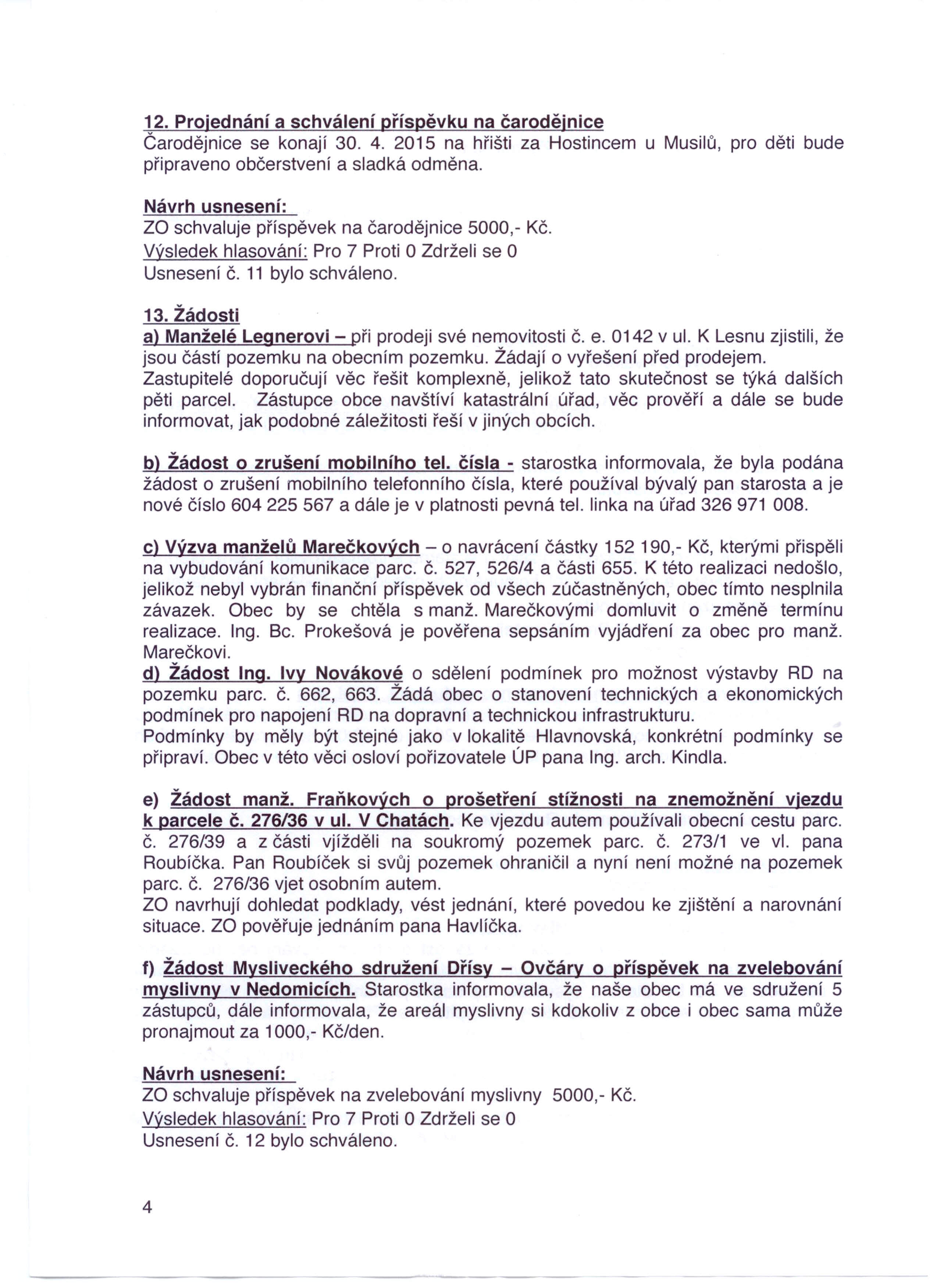 12. Projednání a schválení příspěvku na čarodějnice Čarodějnice se konají 30. 4. 2015 na hřišti za Hostincem u Musilů, pro děti bude připraveno občerstvení a sladká odměna.