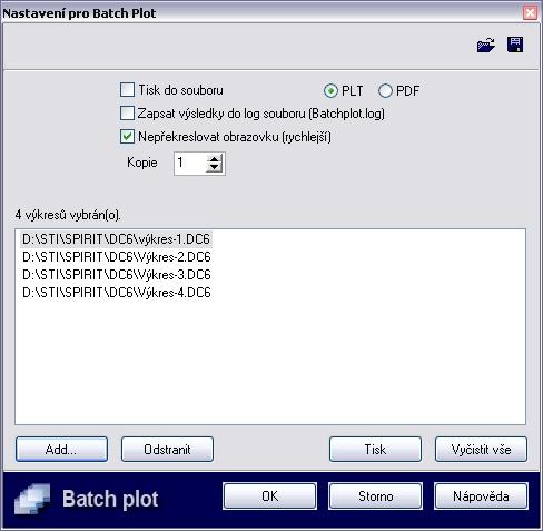 SPIRIT 11 nové funkce 43 Pokud je otevřen výkresový soubor, můžete tisknout více nastavení (výkresů) otevřeného výkresového souboru. Pomocí této funkce se otevře dialogové okno, v němž můžete (např.
