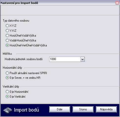 S8 Import Body (Terén) Pomocí této funkce můžete importovat textový soubor se souřadnicemi zaměřených bodů. Tento textový soubor by měl na každém řádku obsahovat pouze tři hodnoty (kromě výběru 5.