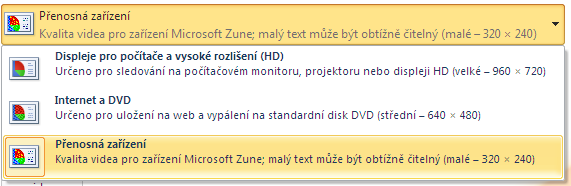 OBRÁZEK 9: VOLBA VYTVOŘIT VIDEO V PROGRAMU POWERPOINT 2010 Převod formátu hudebních souborů Z výše uvedeného vyplývá, že nejjistější je v obou verzích použití hudebních souborů ve formátu WAV.