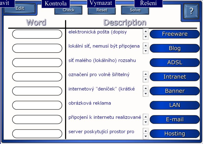 1.1.1.3 Přiřazování slov k jejich popisu Klíčové slovo je přiřazováno k jeho popisu, jako odpověď na nějakou otázku nebo můžeme klíčovým slovem