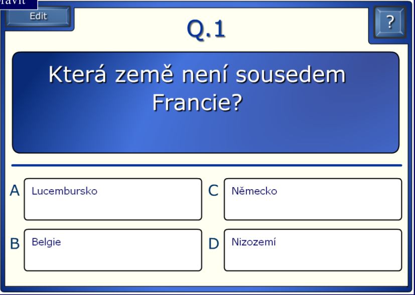 1.1.1.4 Otázky (s volbou odpovědi) Lze vkládat otázky s volbou 4 odpovědí. Při editaci označujeme správnou odpověď.