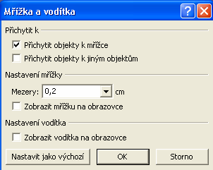 VODÍTKA: zapíná nebo vypíná zobrazení vodítek a mřížky podle zadaných parametrů. K mřížce se přichytávají objekty vložené do snímku.