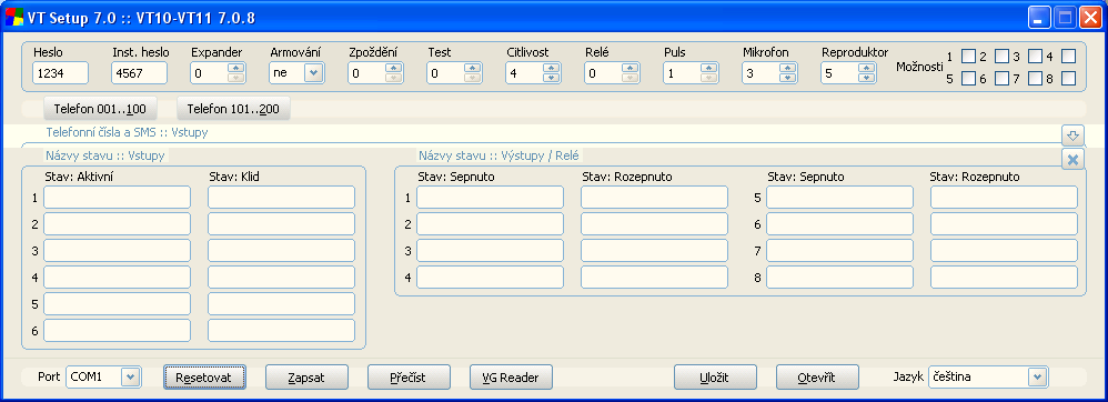 Pager VT 11 manuál VSTUPY VÝSTUPY 10.0 Systémová nastavení Pozor VSTUP 7 a VSTUP8 jsou pouze virtuální a slouží pro zasílání zpráv o systému.