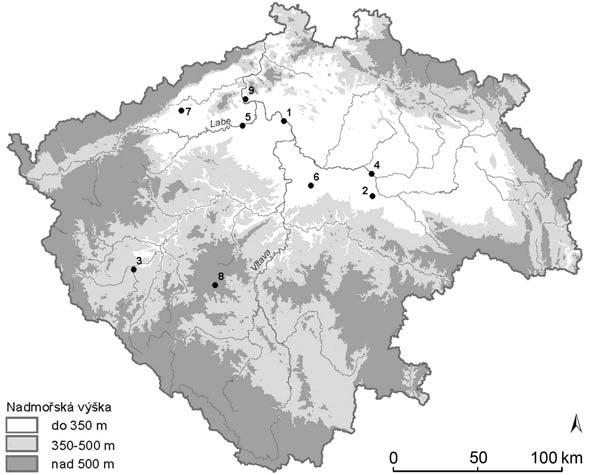 236 VENCL ZADÁK: Keramick depot mohylové kultury stfiední doby bronzové Obr. 12. Mapa keramických depotů mohylové kultury střední doby bronzové z Čech: 1 Horní Počaply, okr. Mělník, 2 Křečhoř, okr.