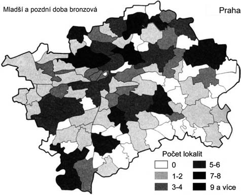 Archeologické rozhledy LXII 2010 253 Obr. 19. Schematická mapa intenzity osídlení během mladší a pozdní doby bronzové na katastrálních územích obcí v Praze. Podle: Lutovský Smejtek a kol. 2005, 534.