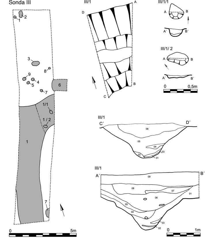 Archeologické rozhledy LXII 2010 277 Obr. 17. Ledčice. Situace v sondě III/04, půdorysy a řezy objekty. Fig. 17. Ledčice. Situation in trench III/04, feature layouts and cross-sections.