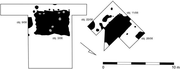 278 GOJDA K IVÁNEK MEDUNA RYTÍ TREFN : Archeologie krajiny a sídel Obr. 18. Ledčice. Celkový plán situace odkryté v r. 2006 (sondy I/06 X/06). Fig. 18. Ledčice. The overall map of the situation uncovered in 2006 (Trenches I/06 X/06).