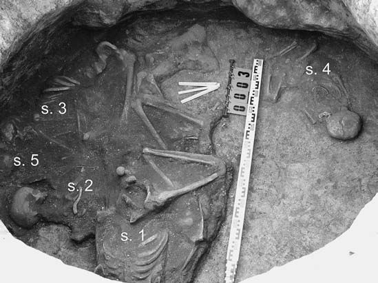 Archeologické rozhledy LXII 2010 303 a Obr. 4. Třeboradice, obj. 3. Skelety 1 5 při dně objektu (a). Celkový pohled na skelet 1 (b). Fig. 4. Třeboradice, Feature No. 3. Skeletons 1 5 at the bottom of the feature (a).