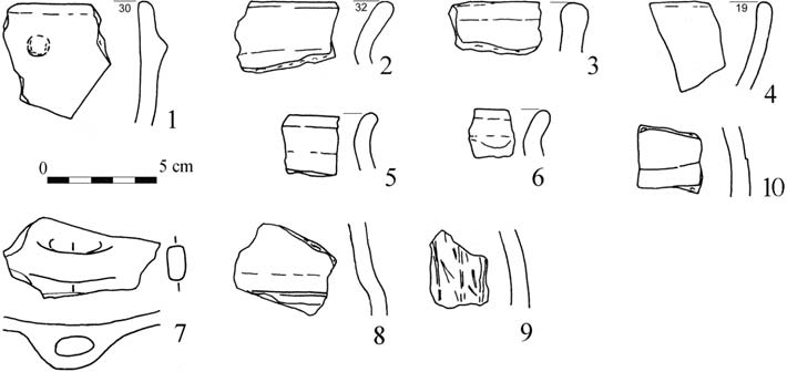 304 STRÁNSKÁ ÍDK : Mutilace zubû ve star í dobû bronzové? Obr. 5. Třeboradice, obj. 3. Výběr keramických nálezů. Fig. 5. Třeboradice, feature No. 3. Selection of pottery finds. a jazyka je tzv.