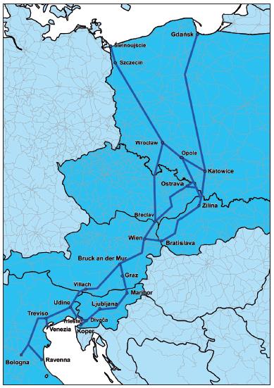 Koridor Balt Jadran Popis koridoru (trasování dle nařízení) Świnoujście / Gdynia Katowice Ostrava / Žilina Bratislava / Vienna / Klagenfurt Udine Venice / Trieste / / Bologna / Ravenna / Graz Maribor