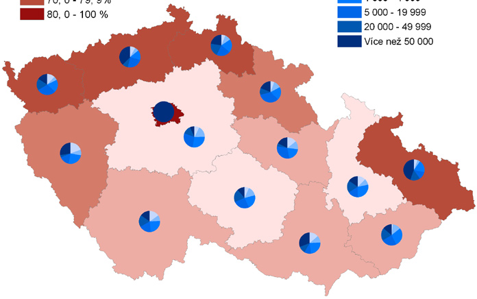 26 Analýza inovačního potenciálu krajů ČR Obrázek 2: Sídelní struktura a podíl městského obyvatelstva v krajích ČR (2005) Podíl městského obyvatelstva 50,0 59,9 % 60,0 64,9 % 65,0 69,9 % 70,0 79,9 %