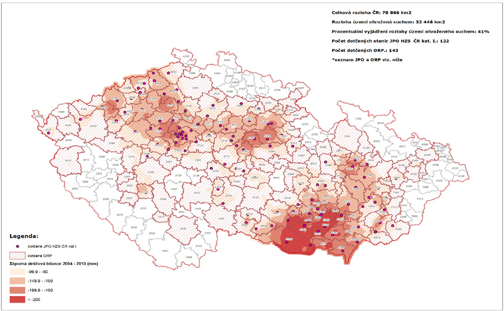 Mapa rizika sucha na území ČR Území je vymezené z hlediska průmětu prognózy změny klimatu, zápornou vláhovou bilancí větší než 50 mm (data ČHMÚ) a počty lesních požárů na km 2 se zakreslenými