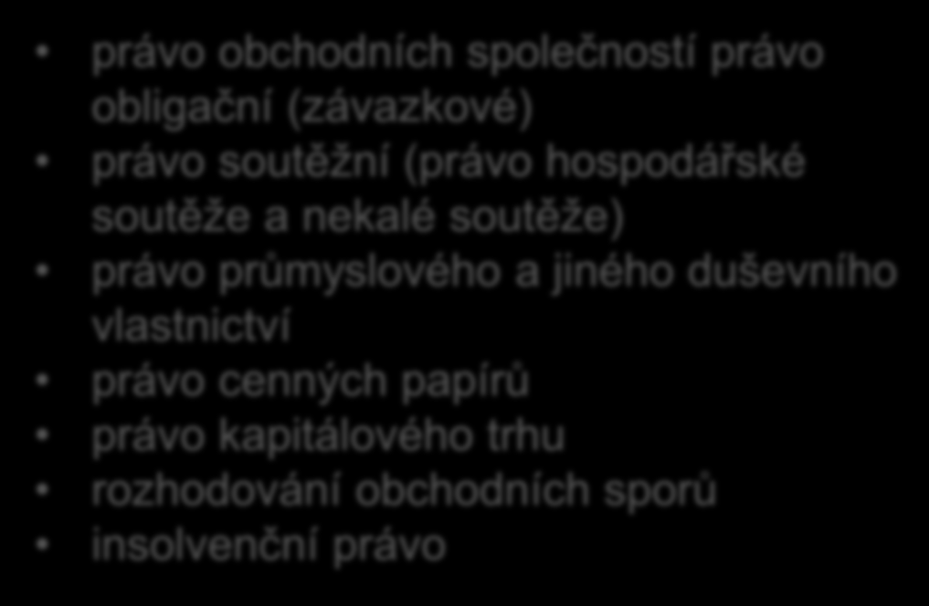 Soukromé právo Občanské právo Rodinné právo Autorské právo Obchodní právo Pracovní právo Mezinárodní právo soukromé Veřejné právo Ústavní