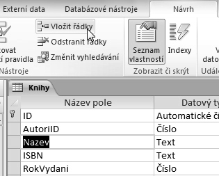 70 Práce s datovými typy 99 Přidání pole do tabulky na konec Chcete-li přidat pole do tabulky, pak postupujte takto: Otevřete tabulku poklepáním na její název v navigačním podokně.