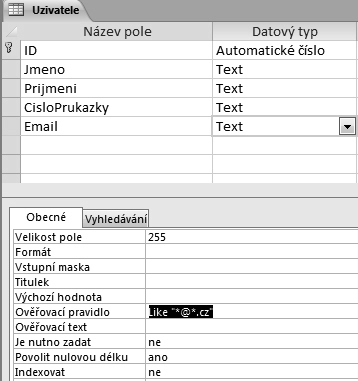 zadejte do vlastnosti Ověřovací pravidlo vybraného pole výraz <=Date(). 123 Ověření zadání emailu z.