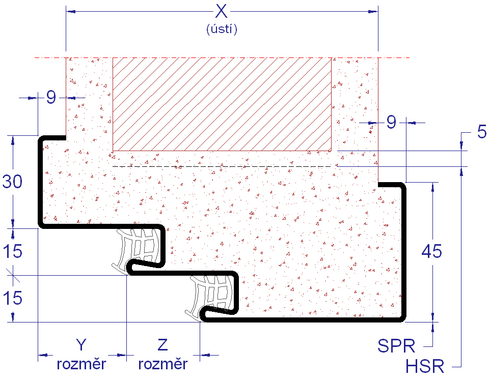 Univerzální zárubeň s dvojitým falcem, typ UDF Zárubeň je určena jak k přímému tak k dodatečnému zazdívání do klasického zdiva. Podlahové zapuštění je standardně 30 mm.