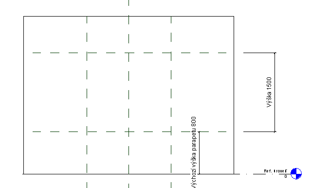 Zvolíme parametr Šířka Zkontrolujeme nákres okna ze strany interiéru. Výška okenního otvoru je 1500 mm, výchozí výška parapetu je 800 mm. Oba rozměry jsou parametrické mají přiřazenu popisku.