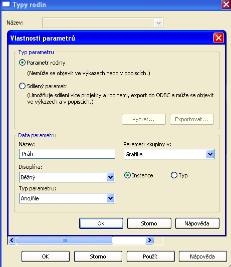 Název Práh, seskupit pod grafiku, typ parametru ANO/NE. Aby byla volba rychle dostupná, zadáme ji jako parametr instance (prvku).