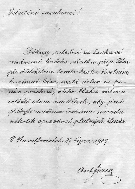 nedalekých Pornic lístek s pozdravem a pozváním na brzkou Zlatou sobotu. Z vojenského tažení do Slezska pak následuje Stázince jeden lístek za druhým.