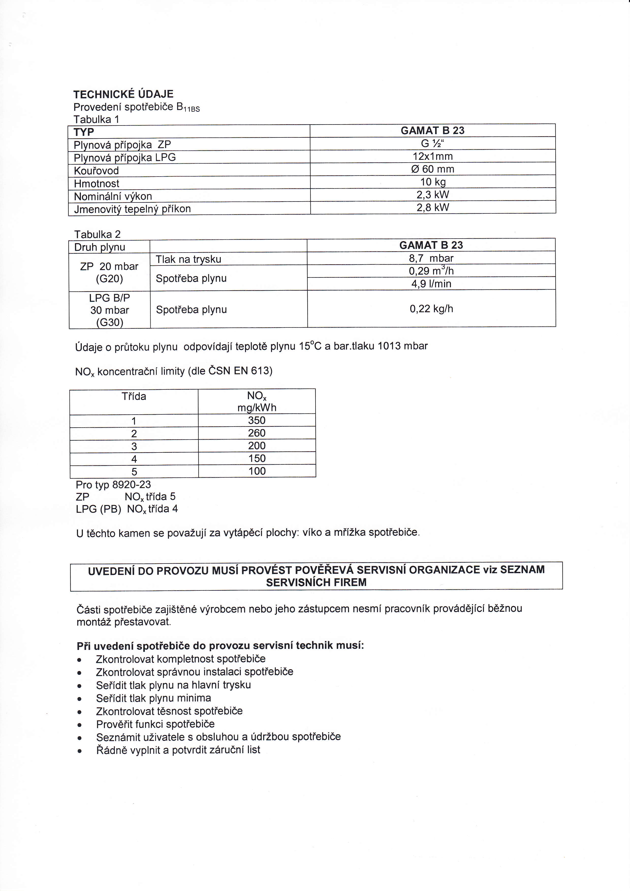 TECHNICKE UDAJE Provedeni spotiebi6e 81 1s5 Tabulka 1 TYP GAMAT B 23 Plvnovi oiiooika ZP G%" Plvnov5 oiiooika LPG 12x1mm Kouiovod O60mm Hmotnost 10 ko Nomindlniv'ikon 2,3 kw JmenovitV tepelnv piikon