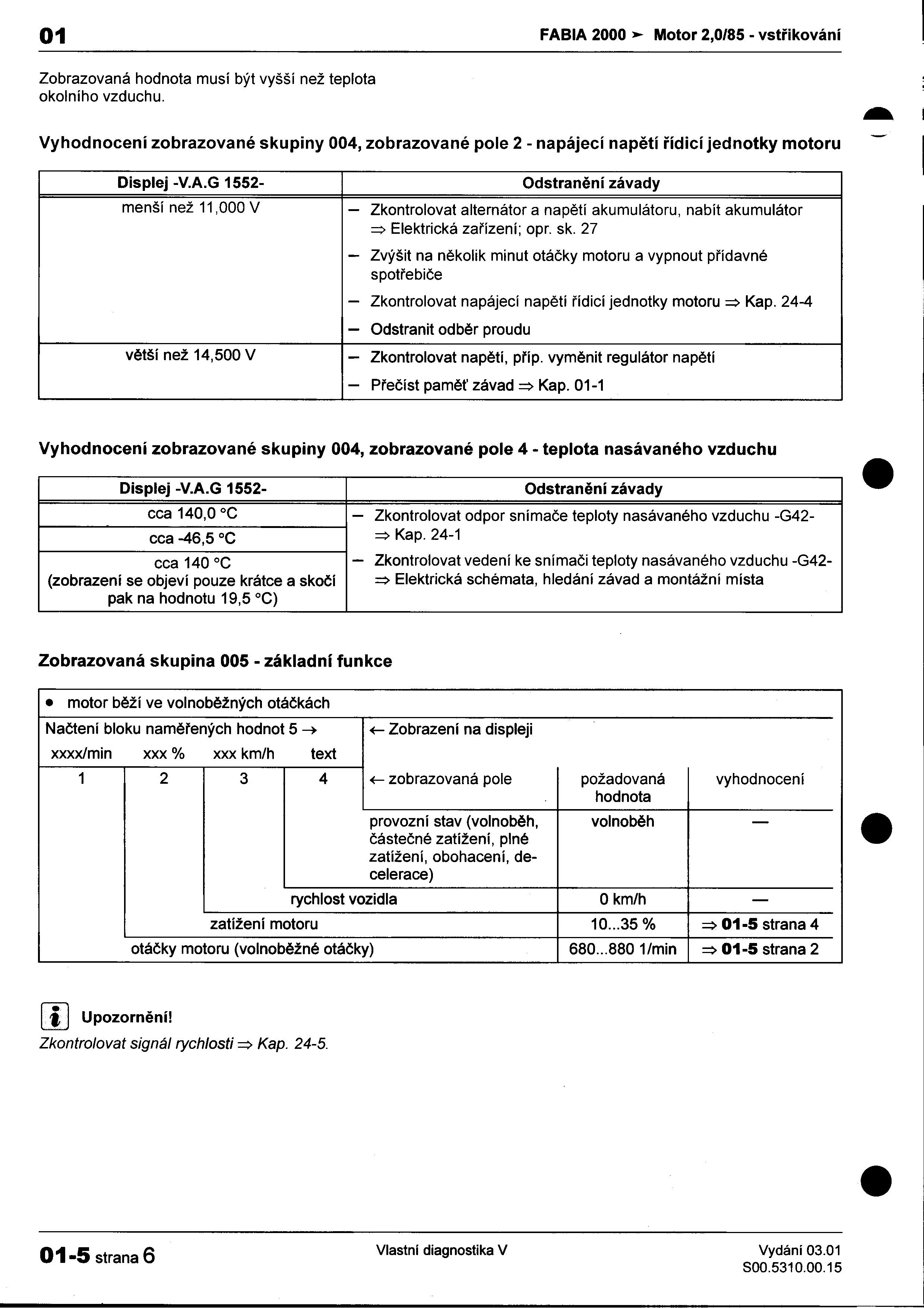 01 FABIA 2000 ~ Motor 2,0/85 -vstøikování I Zobrazovaná hodnota musí být vyšší než teplota : okolního vzduchu ~ I Vyhodnocení zobrazované skupiny 004, zobrazované pole 2 -napájecí napìtí øídicí