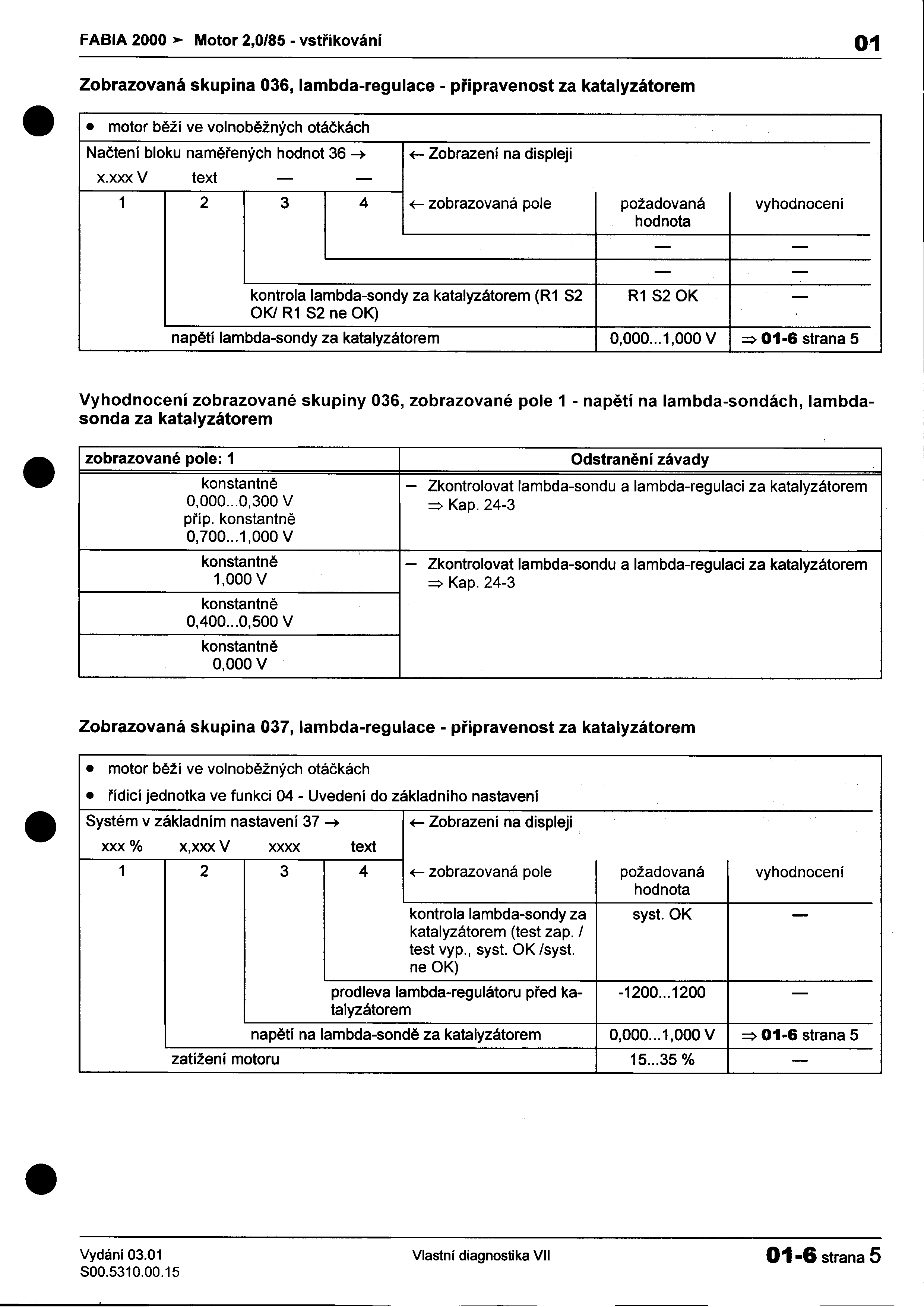 FABIA 2000»00 Motor 2,0/85 -vstøikování 01 Zobrazovaná skupina 036, lambda-regulace -pøipravenost za katalyzátorem motor zobrazované bìží ve volnobìžných otáèkách Naètení bloku namìrených hodnot 36 ~