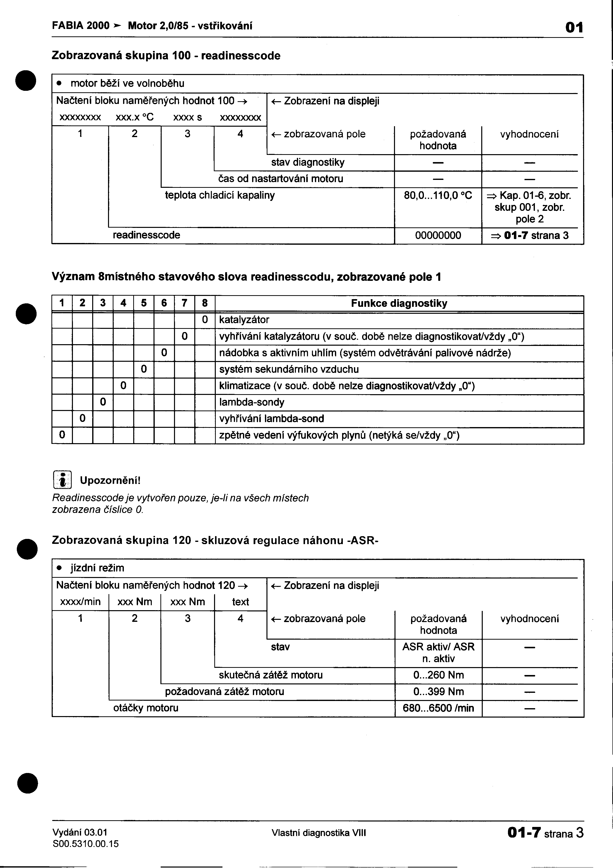 ~- FABIA 2000»- Motor 2,0/85 -vstøikování 01 Zobrazovaná skupina 100 -readinesscode motor 1 bìží ve volnobìhu Naètení bloku namìøených hodnot 100 ~ xxxxxxxx xxxx C xxxx s xxxxxxxx f- Zobrazení na