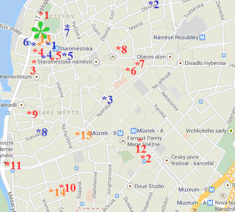 LOCAL AREA MAP WITH CAFÉS AND RESTAURANTS Cafés: 1. Umprum 17. listopadu 2, Praha 1 2. Ovocný Světozor Vodičkova 39, Praha 1 3. Café Indigo Platnéřská 11, Praha 1 4.