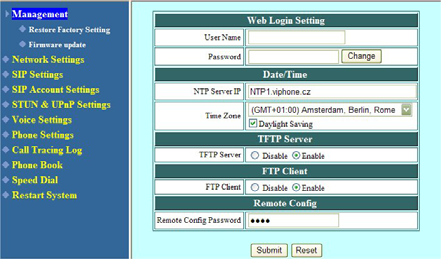 Pro nastavení zimního času tuto možnost vypněte (pole není zaškrtnuto). Myší klikněte na Network settings. Zde můžete kompletně změnit síťové nastavení telefonu včetně DNS serveru.