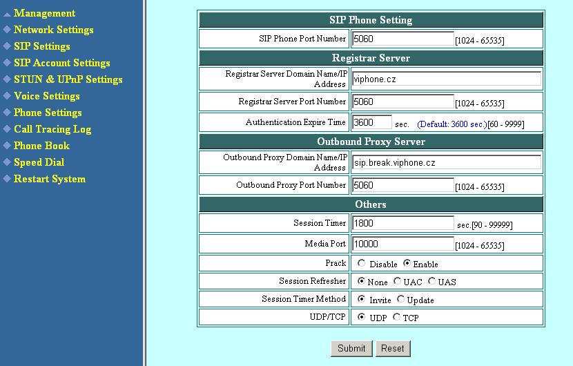 Nastavení čísla linky Klikněte na SIP Account Settings - objeví se následující okno.