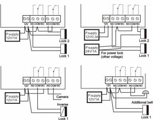 Příklady zapojení relé 1. Základní zapojení - 2 elektrické zámky a možnost ovládat dvoje dveře 2. Dva zdroje - možnost využít nezávisle dva napájecí zdroje, jeden pro GDI a druhý pro elektrické zámky.