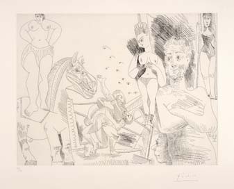 Vieil Homme pensant à sa Jeunesse: Garçon sur un Cheval de Cirque et Femmes, 1968 31,4 x 41,7 (45,3 x 56,3) cm sign. a čísl., v desce datováno 1.Avril 68.