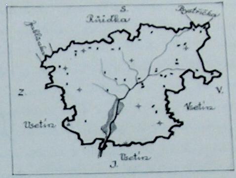 Rok 1932 Plánek obce a okolí Jasenka,katastrální obec v okresu vsetínském, rozkládá se v kotlině po obou březích potoka jaseneckého 1 km severně od města Vsetína.