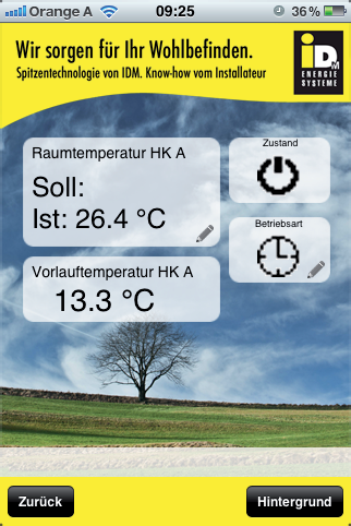 MyIDM V bodě menu Heizkreisläufe/topné okruhy se zobrazí požadovaná pokojová teplota, aktuální pokojová teplota a plnící