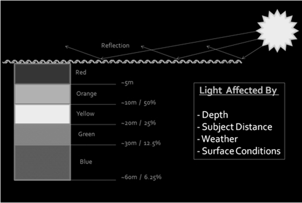 není pohlcena) lehce rozptýlena a odražena a to třeba již rozpuštěnými částečkami solí, takže i v průhledné vodě naopak proniká nejméně, protože se první odráží vidíme čistou vodu jako modrou