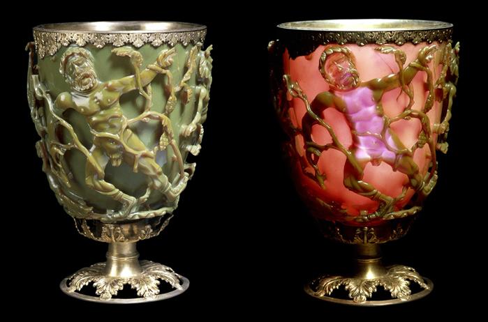Nanotechnologie v historii Lykurgovy poháry: pocházejí ze 4. stol. n.l. z období Římské říše (nyní v Britském muzeu) Je-li pohár pozorován v odraženém světle, např. denním světle, je zelený.